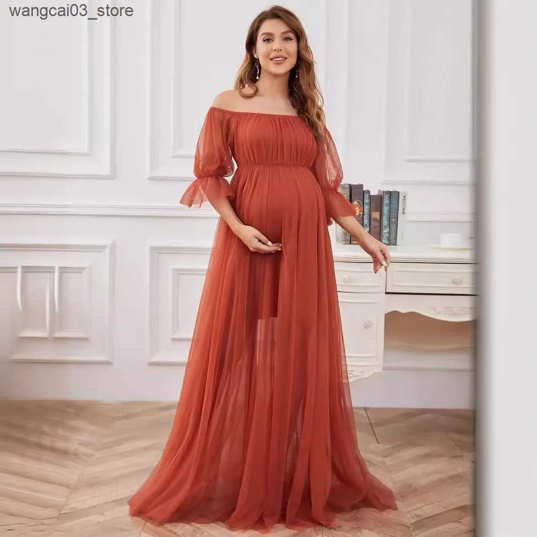 Maternity Dresses Summer New Evening Dress for Pregnant Women Formal Long Dress Short Sleeve Off Shoulder Mesh Solid Pregnant Women Baby Shower L24091