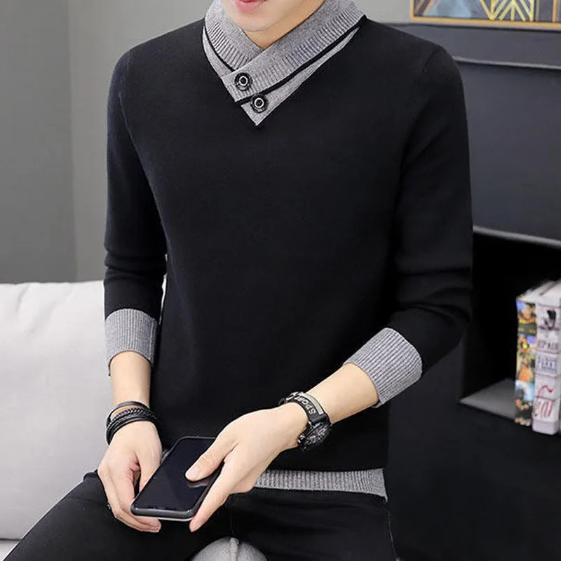 2023 Autumn Winter Mens Turtleneck Thick Long Sleeve Sweaters Korean Trend Solid Color Spliced Knitted Pullovers Male Clothes 240930