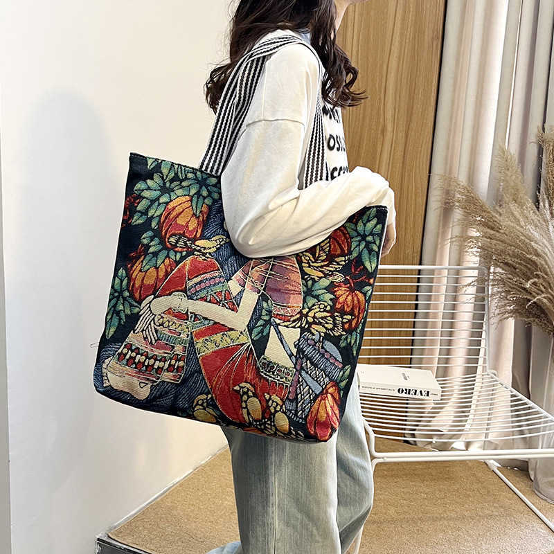 women's bag, embroidered fashion trend, large capacity canvas bag, shopping and working women's shoulder bag 241015