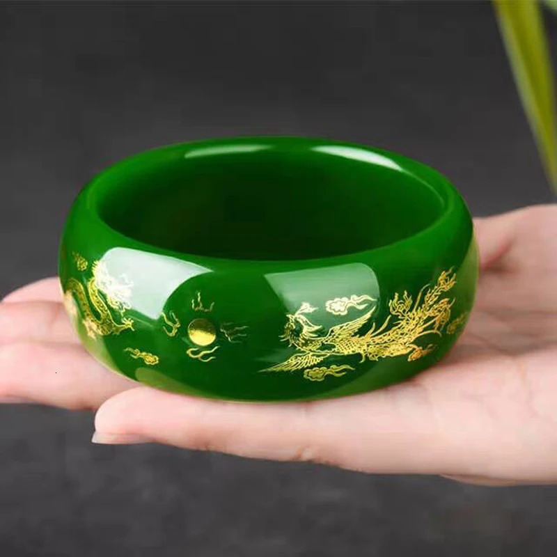 Natural Green Jade Bracelet Hand drawn Dragon Phoenix Heart Sutra Charm Exquisite Jewelry Talisman Round Bracelet 241007
