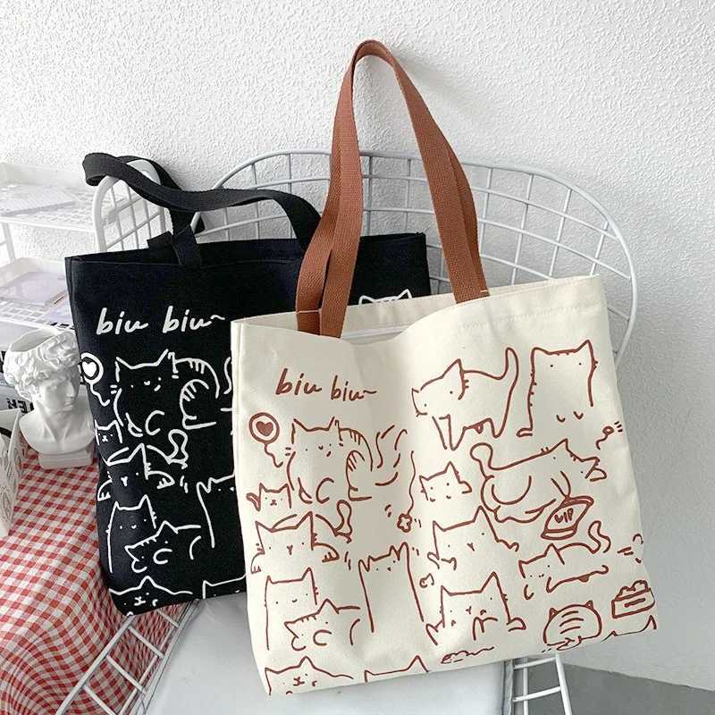 Womens canvas shopping bag environmentally friendly reusable foldable shoulder bag large capacity handbag casual and cute womens shopping bag Y241011