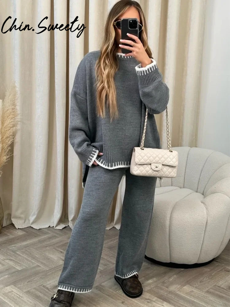 Casual Striped Knitted Set Women Elegant Split Pullover Sweater Elastic High Waist Straight Trousers Lady Outfit Autumn 2024