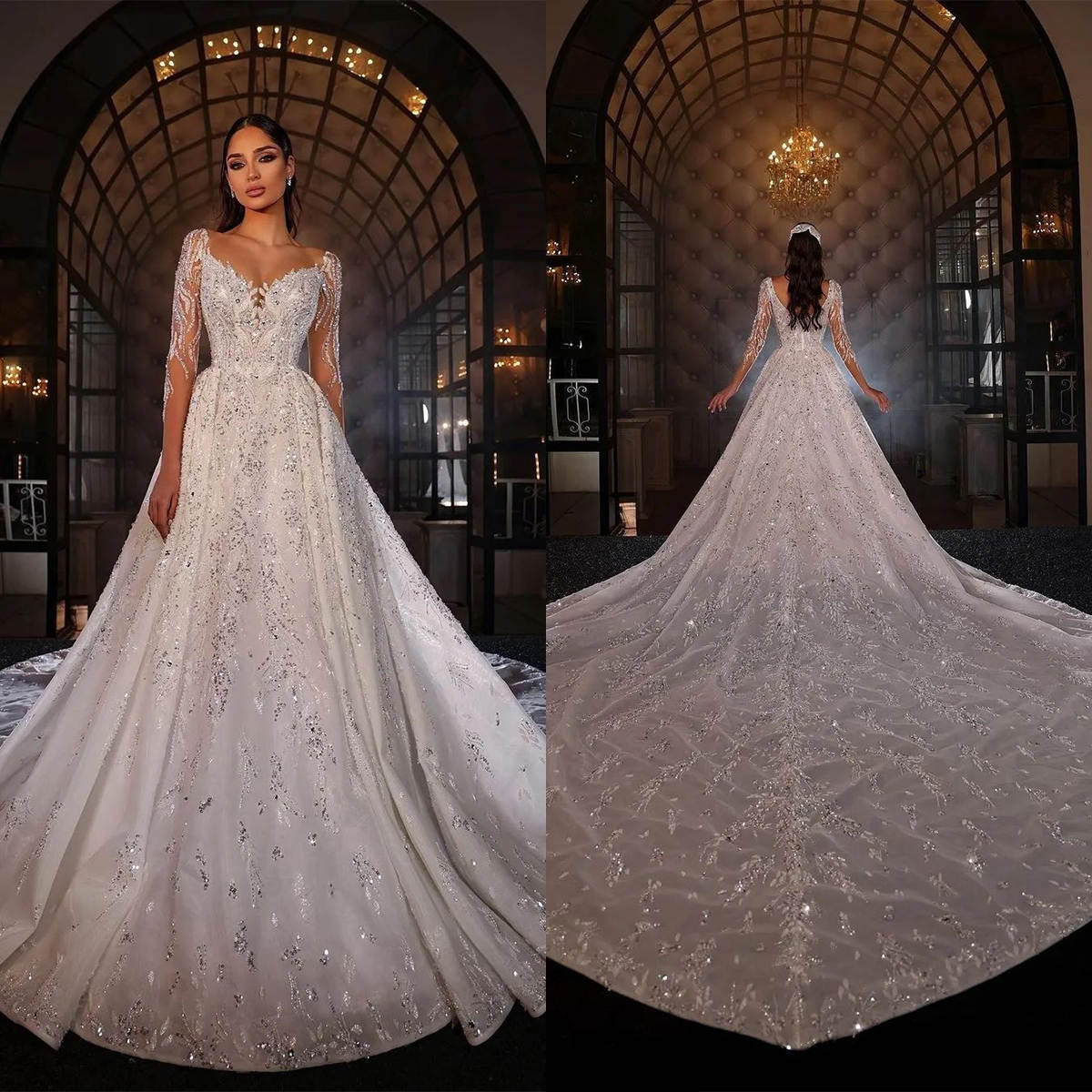 Luxury A Line Wedding Dress Appliques Sequins Sweetheart Neck Long Sleeve Bride Gowns Sweep Train Bridal Dresses Custom Made