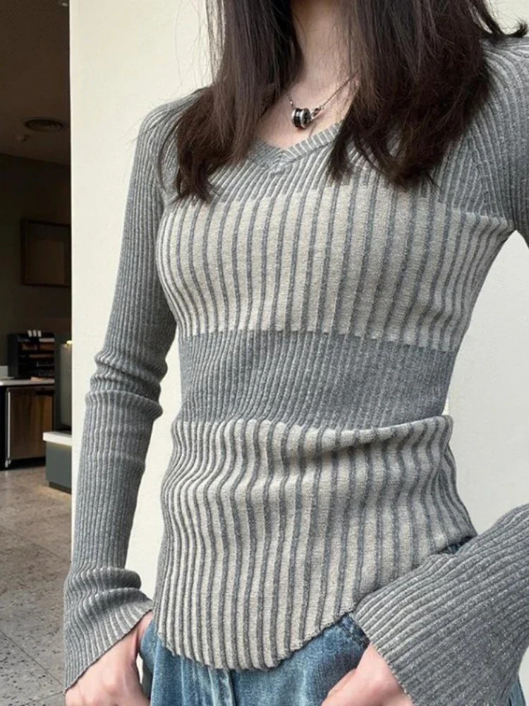 Vintage Elegant Striped V Neck Sweaters Fashion Slim Women Knitted Y2k Aesthetic Pullovers Korean All Match Grunge Sueter Mujer 241011