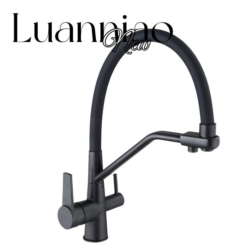 Kitchen faucet brass faucet hot and cold water faucet pure water faucet any retractable double handle faucet grey tube