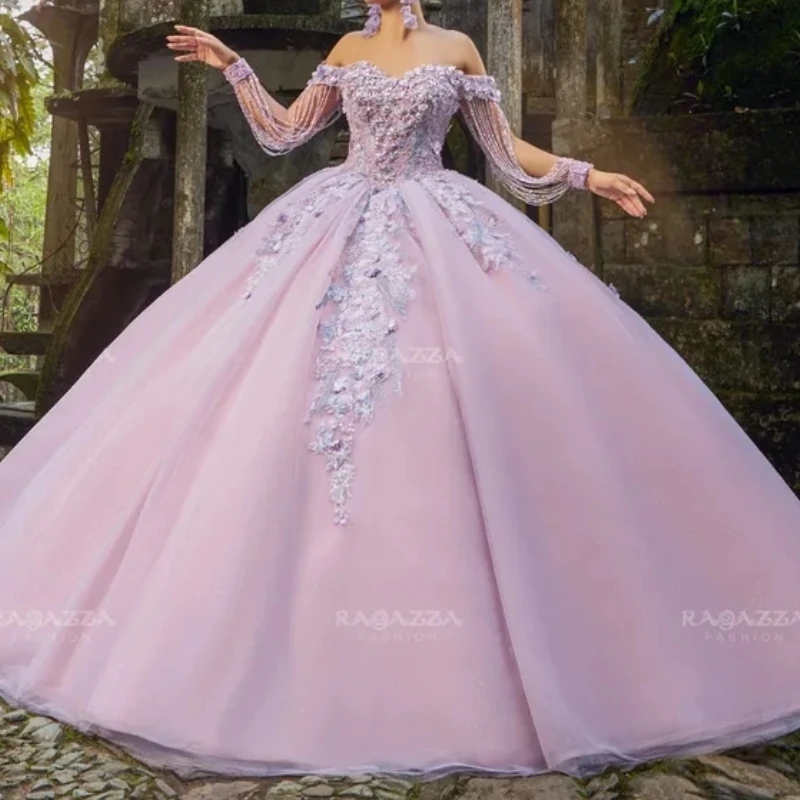 Sparkly Lilac Ball Gown Quinceanera Dresses Elegant Luxury 3D Floral Appliques Lace Beads Tull Party Birthday vestido 15 De Anos