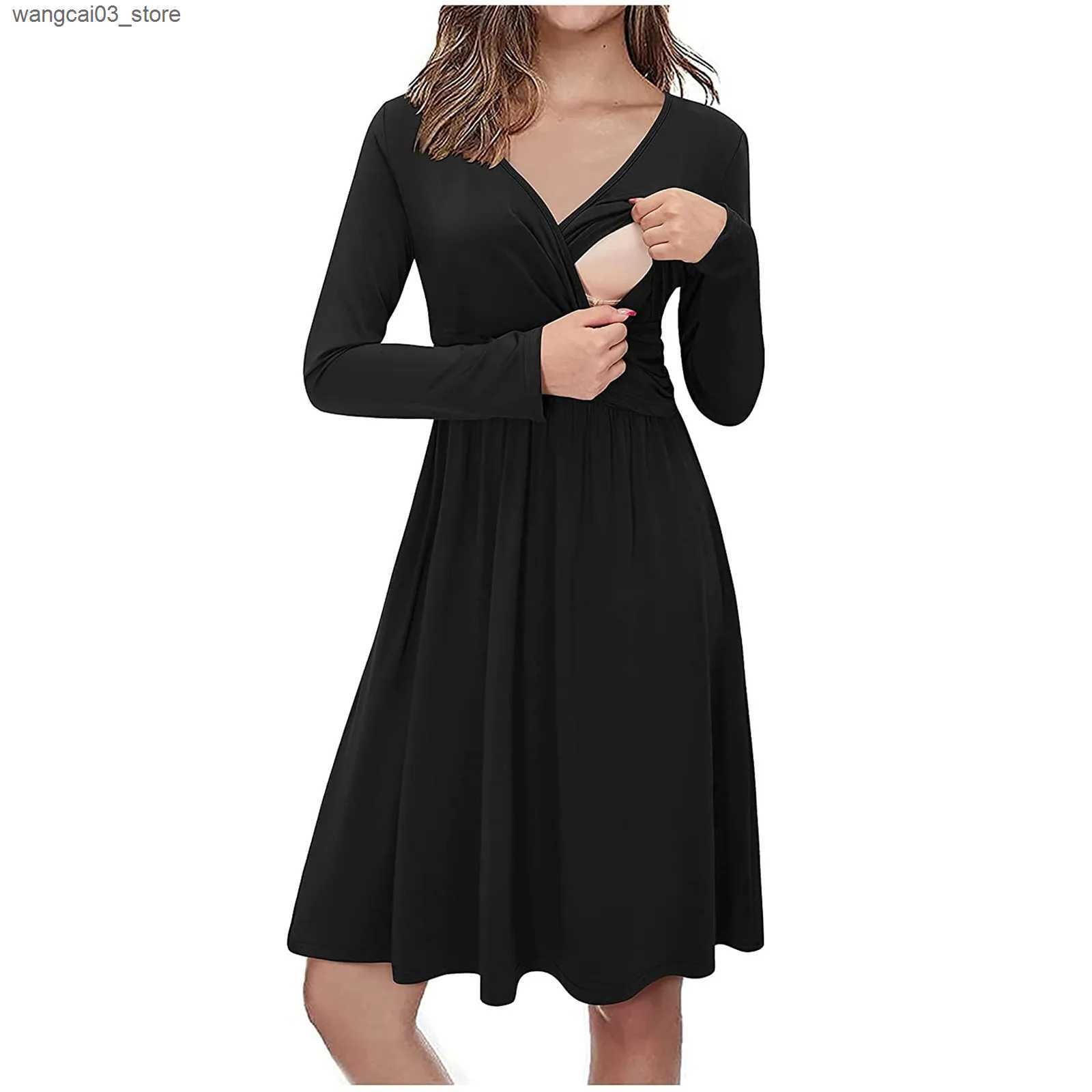 Maternity Dresses Pregnant Breastfeeding Dress With ket Casual Solid Color V-Neck Long Sleeve For Breastfeeding Dress Pregnancy Dress Vestidos L240910
