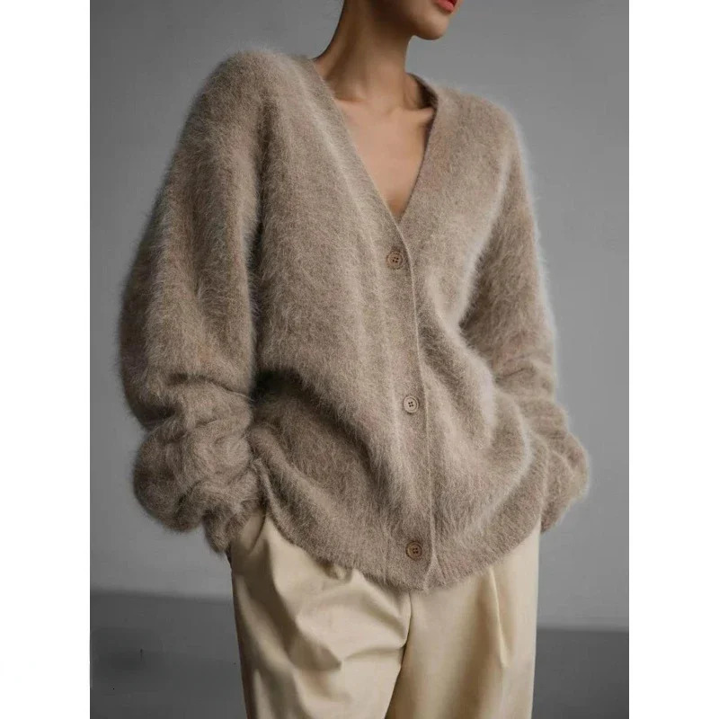 Womens Cardigans Korean Fashion V-neck Sweater Coat Long Sleeve Oversized Sweater Female Buttons Solid Knitted Jacket Women 241011