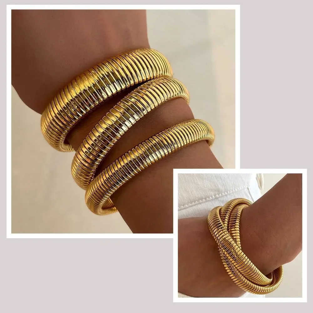 Punk wide block bracelet stackable flexible elastic chain thick stainless steel bracelet womens waterproof jewelry 241007