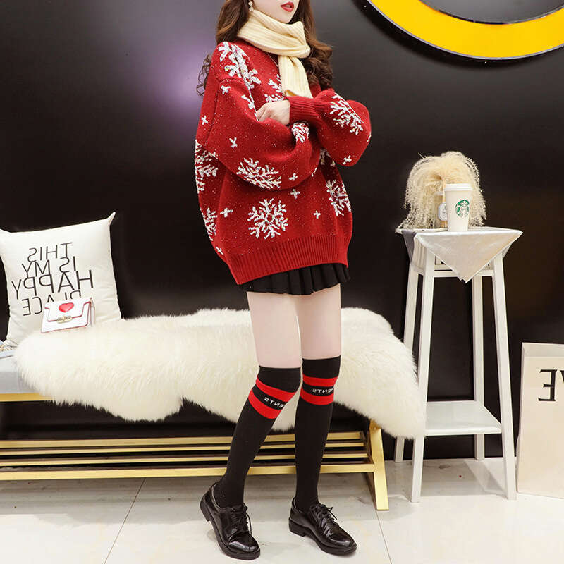 Red Christmas plus size sweater women's pullover thickened autumn and winter 2024 new knitwear top loose fit