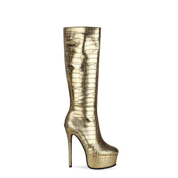 Autumn Winter Fashion Boots Crocodile Patterned Leather Martin Boots Long Tube Boots Water Platform Stiletto High Heels Silver High Tube Boots 240826
