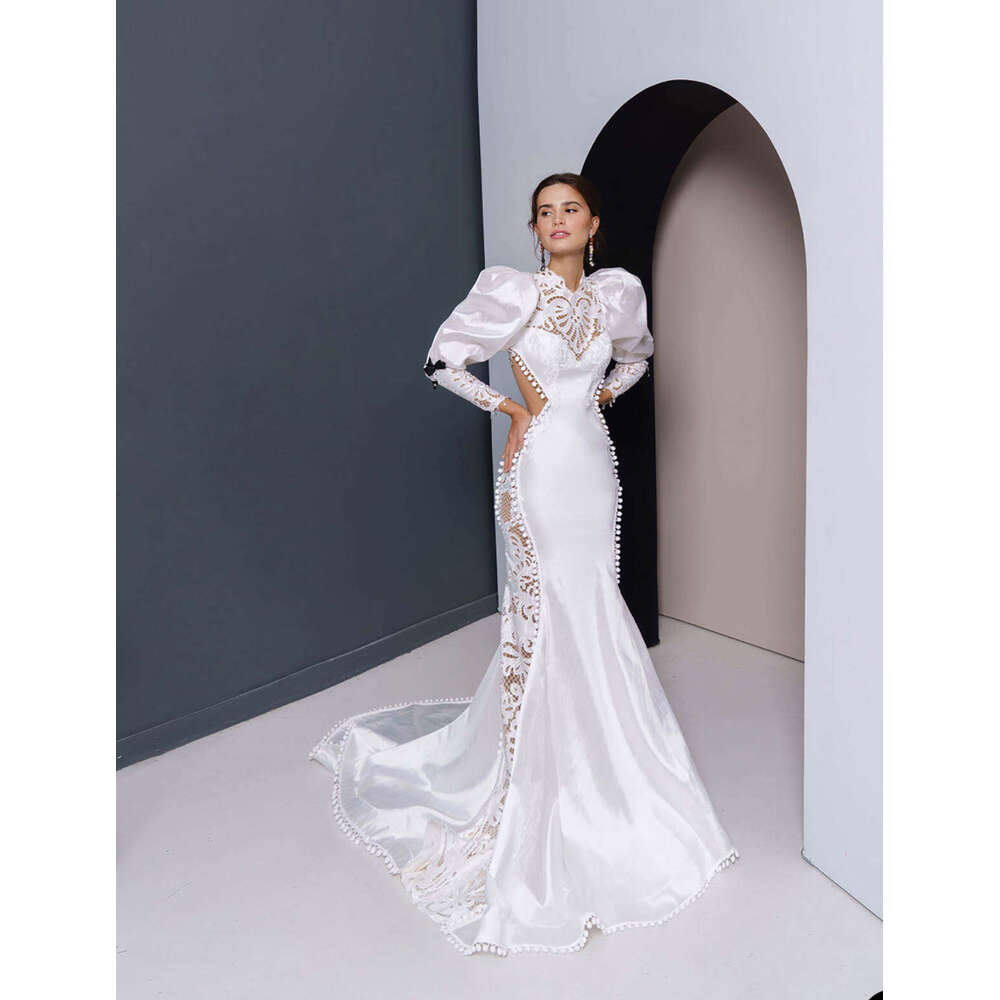Exquisite Mermaid Wedding Dress High Neck Lantern Long Sleeve Bride Gowns Lace Up Back Bridal Dresses Vestido De Novia