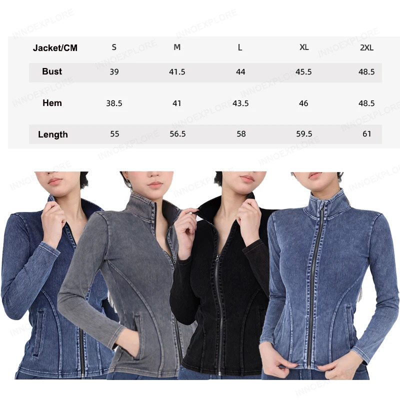 Womens yoga jacket elastic denim fitness sports and leisure full zipper gym top slim fit long sleeved womens sportswear 241010