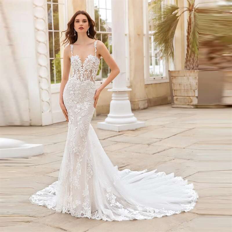 FIDDY898 Spaghetti Strap Wedding Dresses Sleeveless Sexy Sweetheart Mermaid Appliqued Bridal Gowns for Women C67