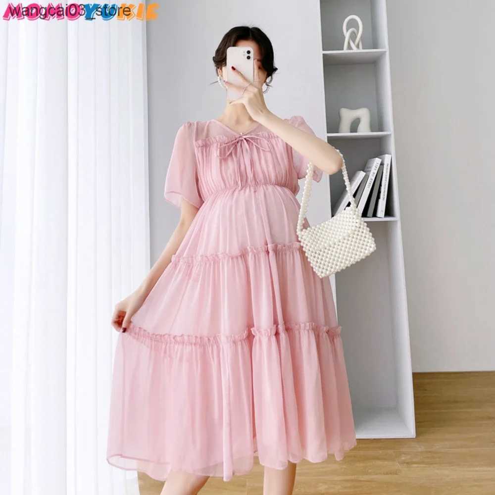 Maternity Dresses 2022 New Fresh Fairy Maternity Solid Chiffon Cake Dress For Summer Pregnancy Clothes V-Neck Knee-Length Pregnant Vestidos L240910