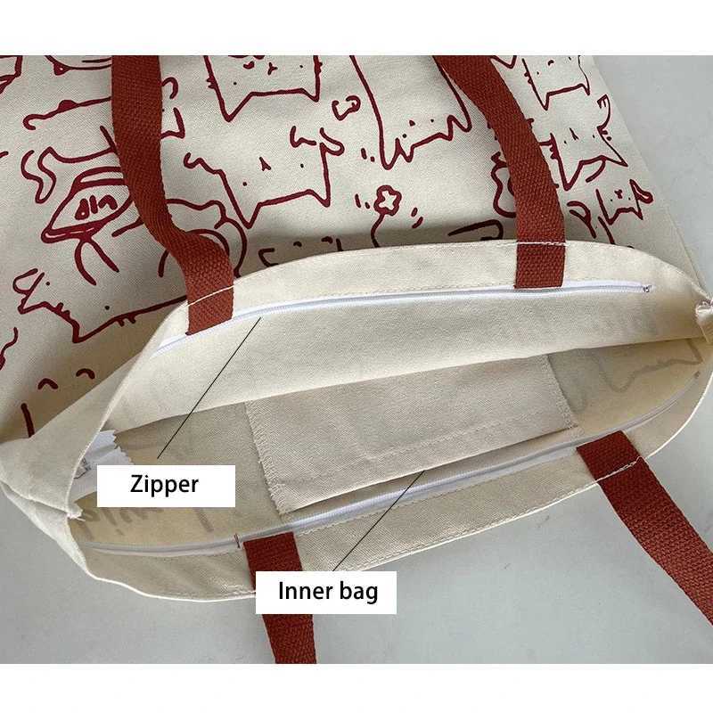 Womens canvas shopping bag environmentally friendly reusable foldable shoulder bag large capacity handbag casual and cute womens shopping bag Y241011