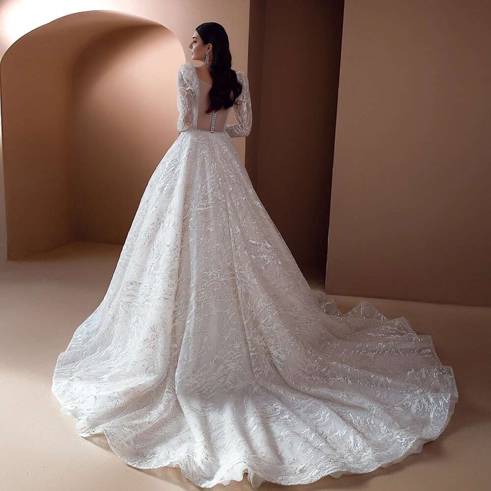 Ball Gown Bridal Gowns Beaded Long Sleeves Square Collar Wedding Dress Custom Made High Quality Princess Dresses