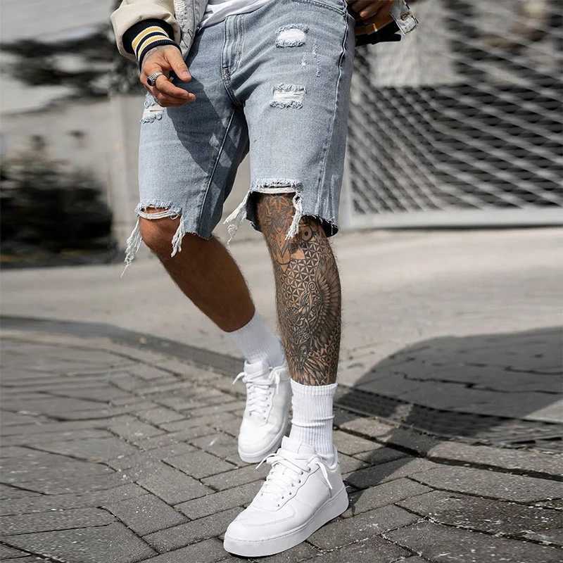 Mens Summer Casual Personality Irregular Foot Denim Shorts Wool Ripped Vintage Street Fifth Jeans W241228