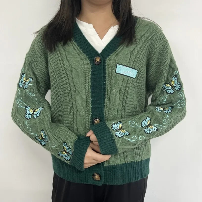 Dark Green Cardigan with Butterfly Embroidered Female Autumn Winter Letter Patch Knitted Women 2024 Sweaters Tops 241007