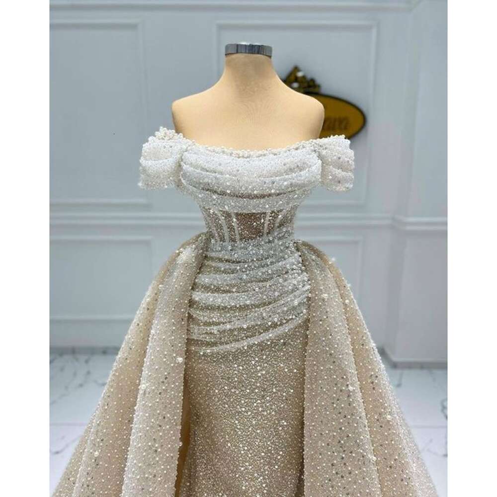 Beads Sequined Evening Chic Off the Shoulder Pleat Mermaid Prom Gowns Elegant Draped Sweep Train Party Dresses