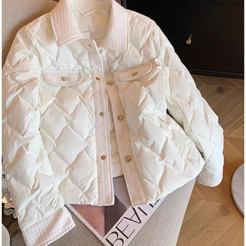 2024 Autumn Winter Parkas Coat Womens Cotton Jacket Short Vintage Rhombic Elegant Warm Longsleeved Female Clothing 240930