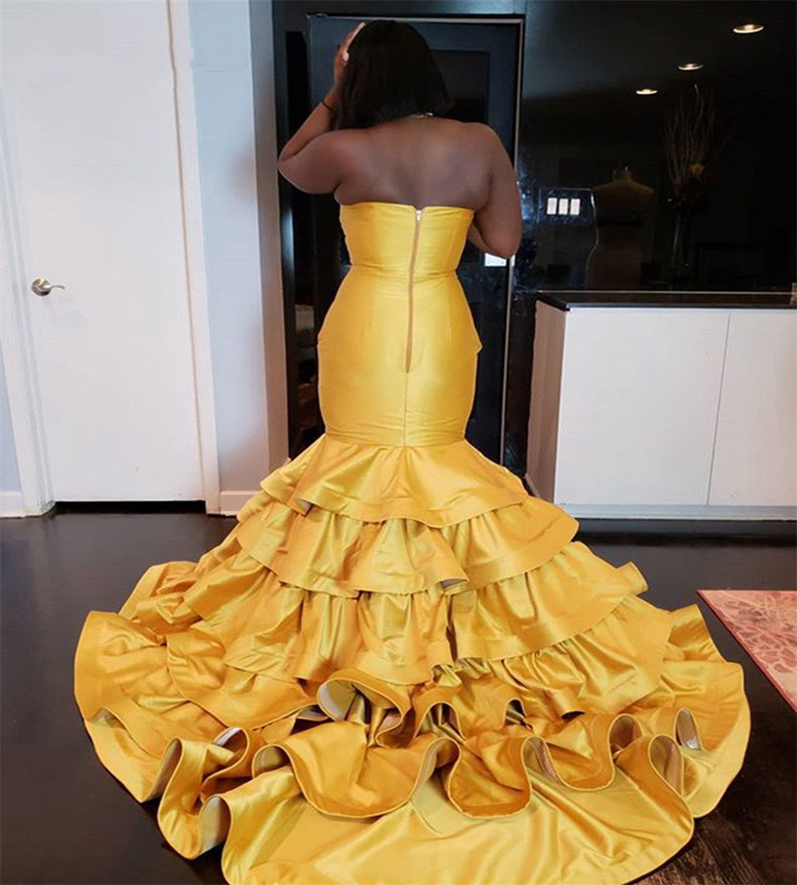 Nigerian African Yellow Evening Dress 2025 Plus Size Mermaid Black Girls Prom Dresses Beaded Tiered Ruffles Birthday Formal Gown Vestio De Fiesta Robe