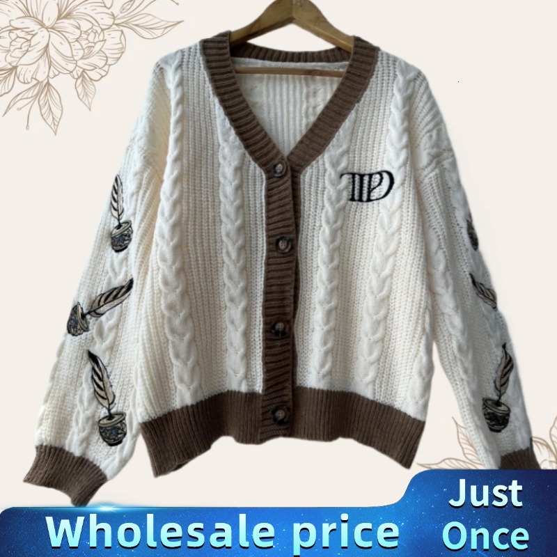 2024 Autumn Women Trend High Quality Loose Fitting Ral Embroidered Knitted Cardigan Y2k Regulai Fit Beige Cardigans Female
