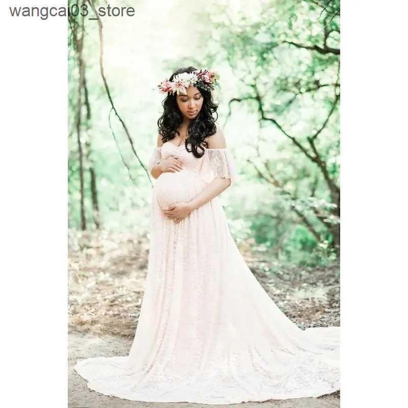 Maternity Dresses Women Maternity Gown Robe for Photo Shoot Pregnancy Clothes Dresses Beautiful Lace Tail Short Sleeve Dress L240910
