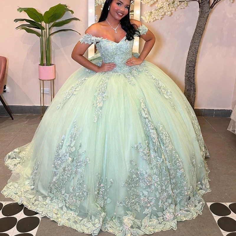 Sage Green Quinceanera Dresses Formal Luxury Party Beading Lace Appliques Sweet 16 Dress Graduation Ball Gwon Vestido De 15 Anos
