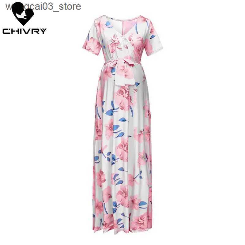 Maternity Dresses Chivry Maternity Dress Women Floral Print Short Sleeve V-neck Maxi Long Dress Pregnant Casual Clothes Summer Maternity Dress L240910