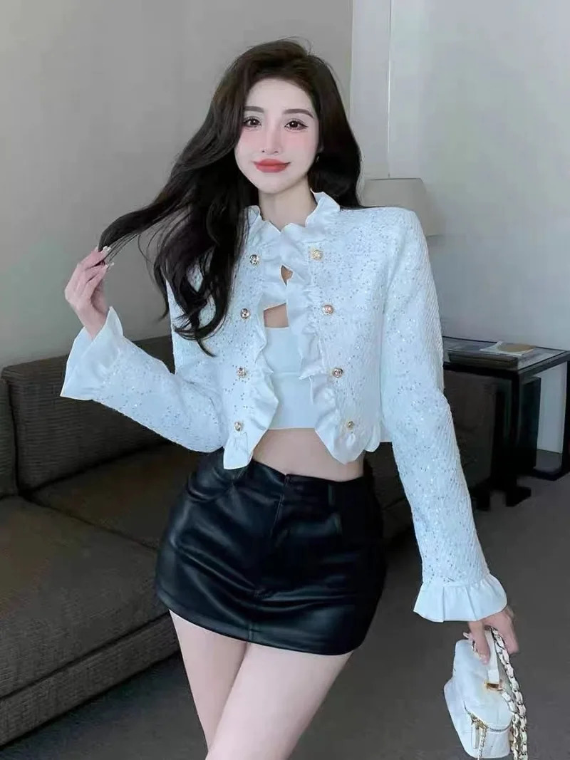 Chaqueta MUJI ultra-thin white coarse woolen coat fashionable long sleeved cardigan womens jacket Flare sleeve high neck ruffled edge 240930