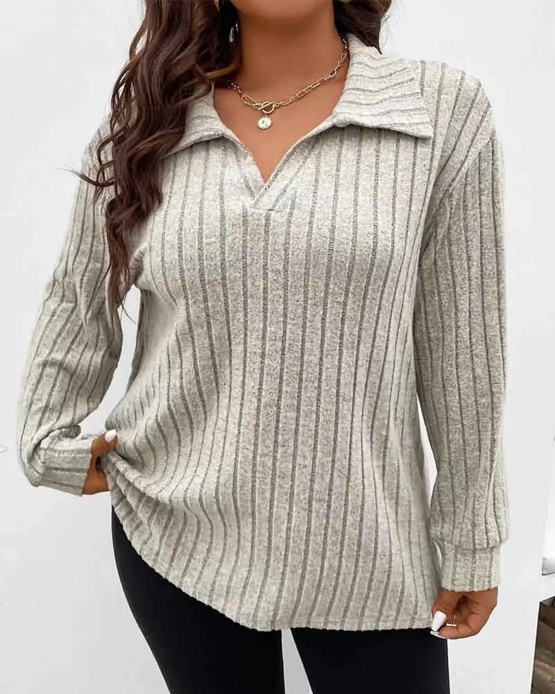 Womens Plus Size Casual T Shirt Solid Ribbed Long Sleeve Lapel Collar Slight Stretch Pullover 241011
