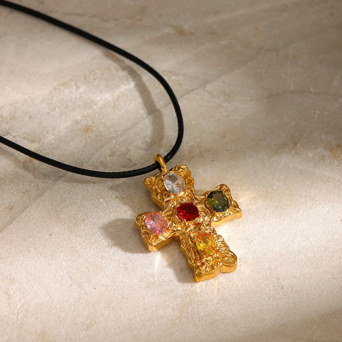 18K gold stainless steel pendant wax rope colored zircon/hammer cross set zircon necklace 240929
