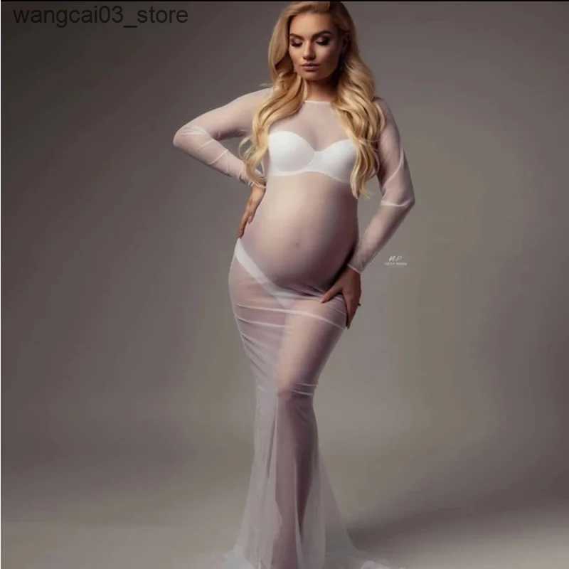 Maternity Dresses Tulle Bodysuit Pregnancy Dress Mesh Fabric Long Sleeve Stretch Women Maternity Outfit Slim Fit Style Skirt For Photo Shoot L240910