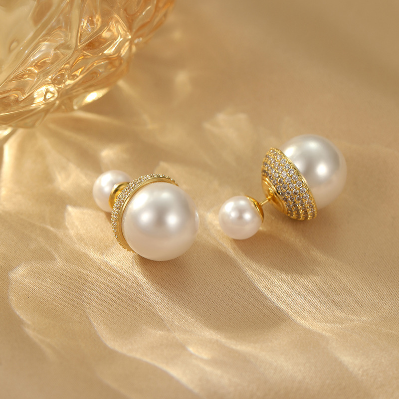 micro inlaid zircon with pearl in front back, light temperament, high-end earrings, simple and versatile earrings