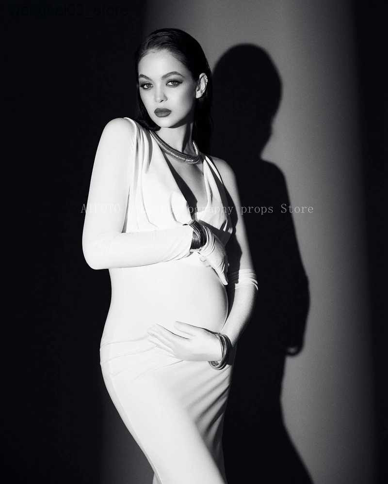Maternity Dresses Maternity Dresses Petite Chic Milk Silk One-shoulder Bodycon Dress with Elegant Long Gloves - Photography Maternity Dress L240910