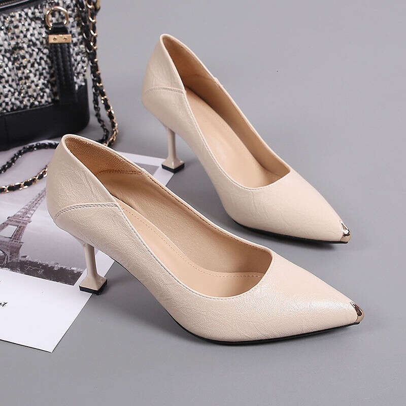 Women shoes black bottom heels genuine leather high slim heels new versatile pointed comfortable single shoes women's work shoes