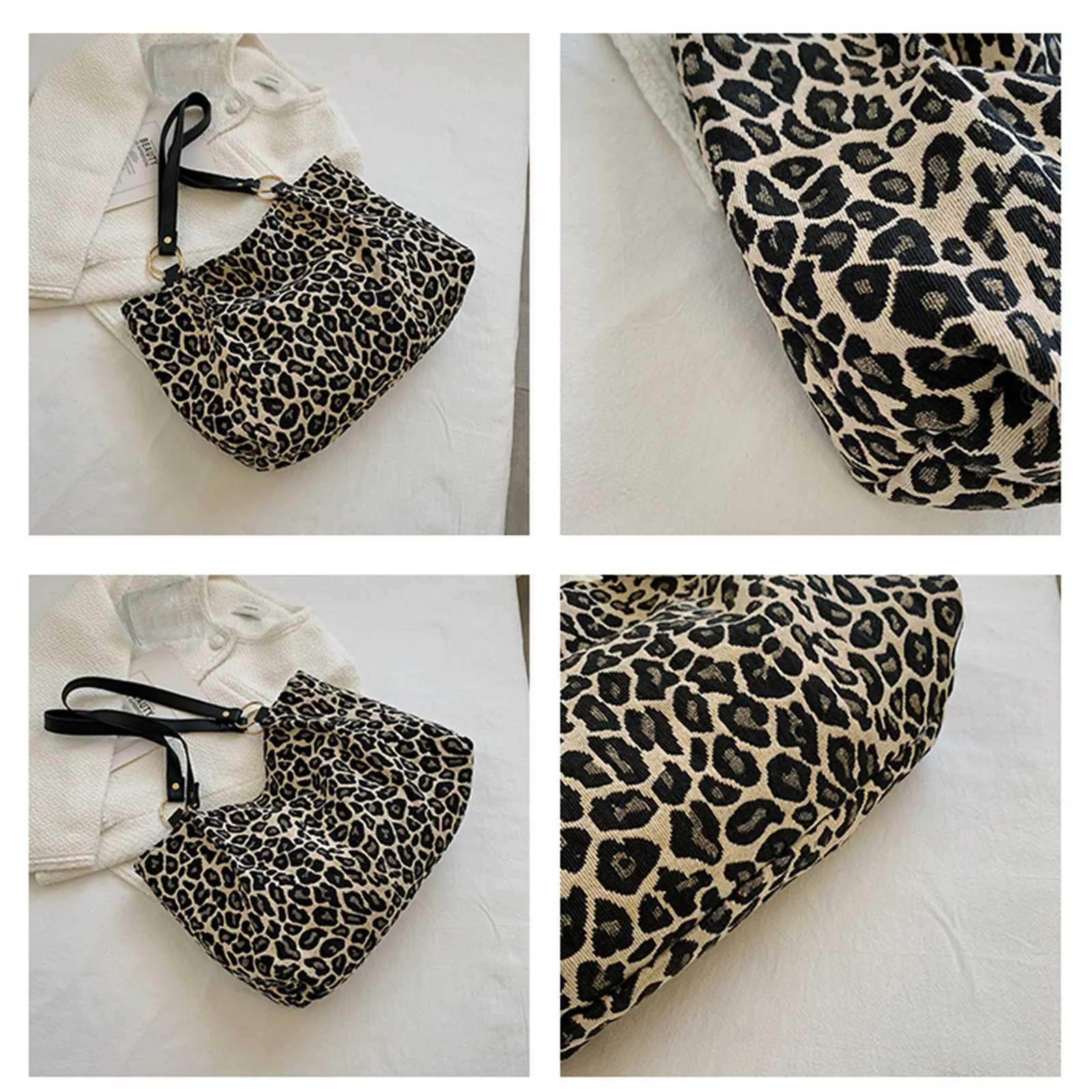 Oversized leopard print shoulder bag womens fashionable lingerie bag large capacity retro handbag casual shopping handbag Y241011