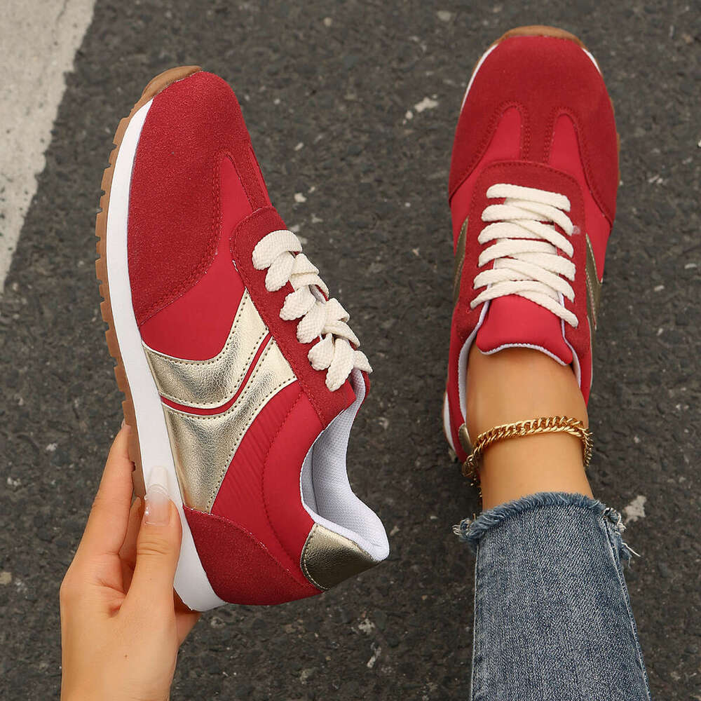 Autumn Fashion Lace Up Women Flat Casual Comfortable Walking Shoes Woman Lightweight Non Slip Red Sneakers Plus Size 43