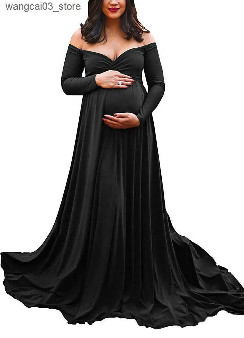 Maternity Dresses Long Tail Maternity Dresses Photography Props V-Neck Maxi Gown Cotton Dress Pregnant Women Pregnancy Autumn Photo Shoot Clothes L240