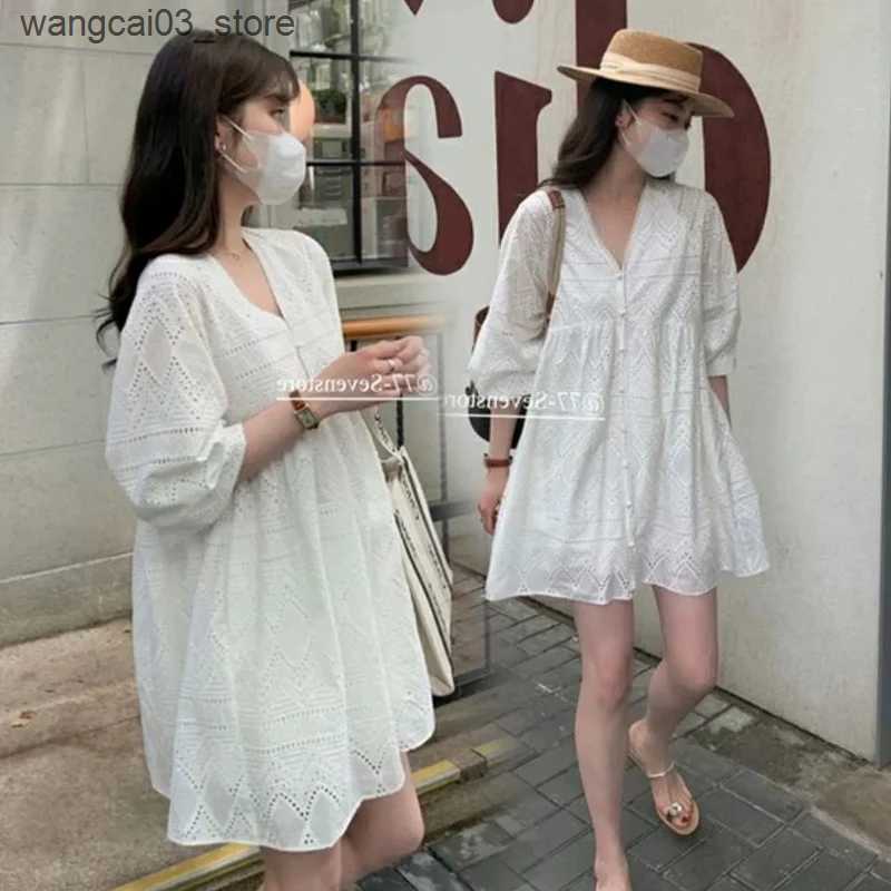 Maternity Dresses 2024 Spring Maternity Clothes Loose Lantern Sleeve V-neck White Cotton Dress for Pregnant Woman Fashion Pregnancy Party Dresses L240