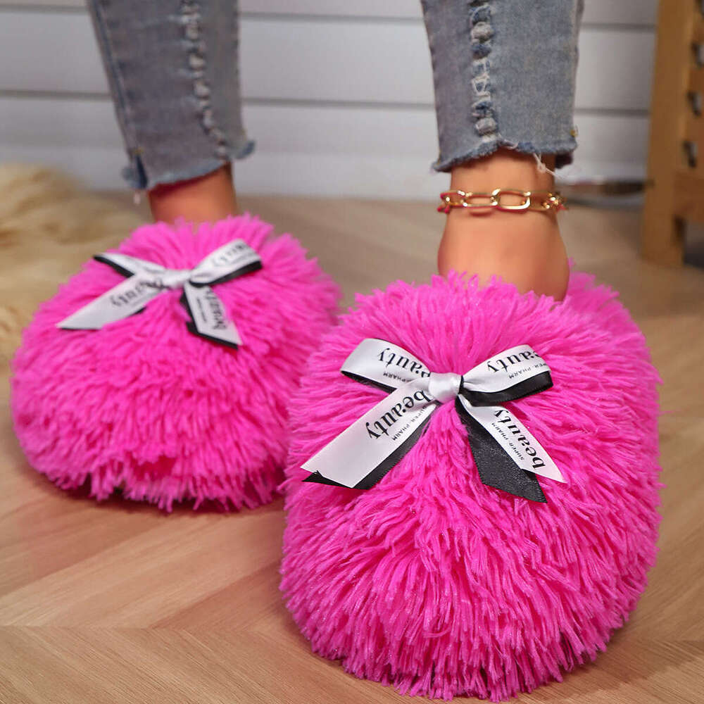 Women cotton slippers Velvet slippers Winter New Imitation Tan Sheep Long Hair Warm Women's Cotton Slippers Butterfly Knot Home Indoor