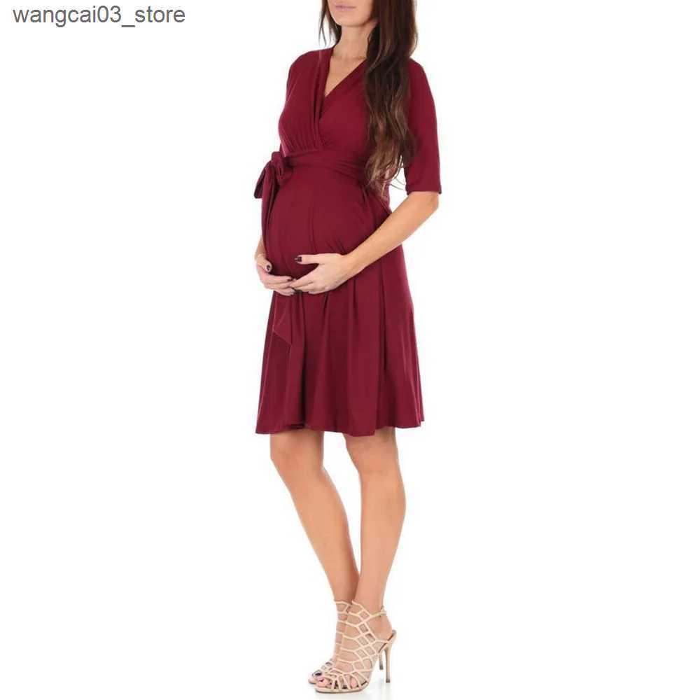 Maternity Dresses Maternity Drawstring Dress Maternity Clothes Summer Casual Pregnant Women Short Sleeve V-Neck Dress Vestidos Pregnancy Clothing L240