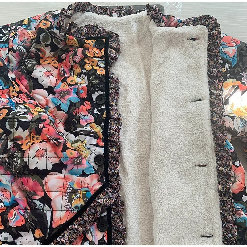Vintage floral printed cotton coat womens wool thick warm long sleeved quilted jacket autumn and winter clothing 241010