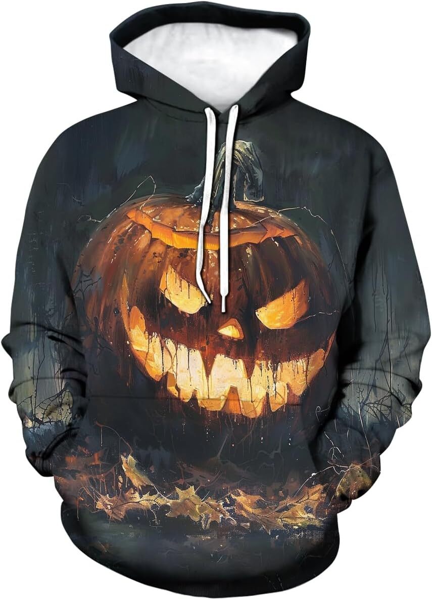 Hoodie for Mens Womens Mens Halloween Novelty Hoodies Pumpkin Skull Printed Long Sleeve Sweatshirt Casual Pullover Shirts Graphic