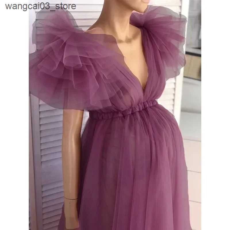 Maternity Dresses New Pregnancy Woman Dress Lace Photography Clothes Short Sleeve Dresses Tulle Maternity V Neck Split Skirt Photoshoot Props L240910