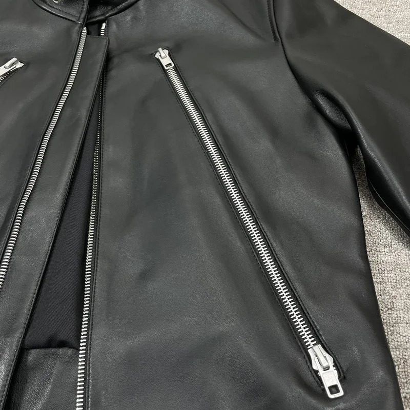 Mens leather jacket short sleeved stand up collar Haining sheepskin jacket autumn and winter leather jacket 241011