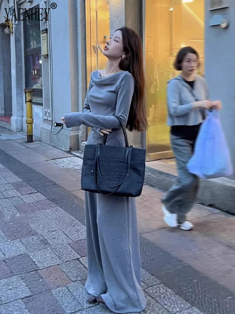 Irregular solid color slanted neck n womens soft Tshirthigh waist set thin wide leg pure style spicy girl twopiece women 241008