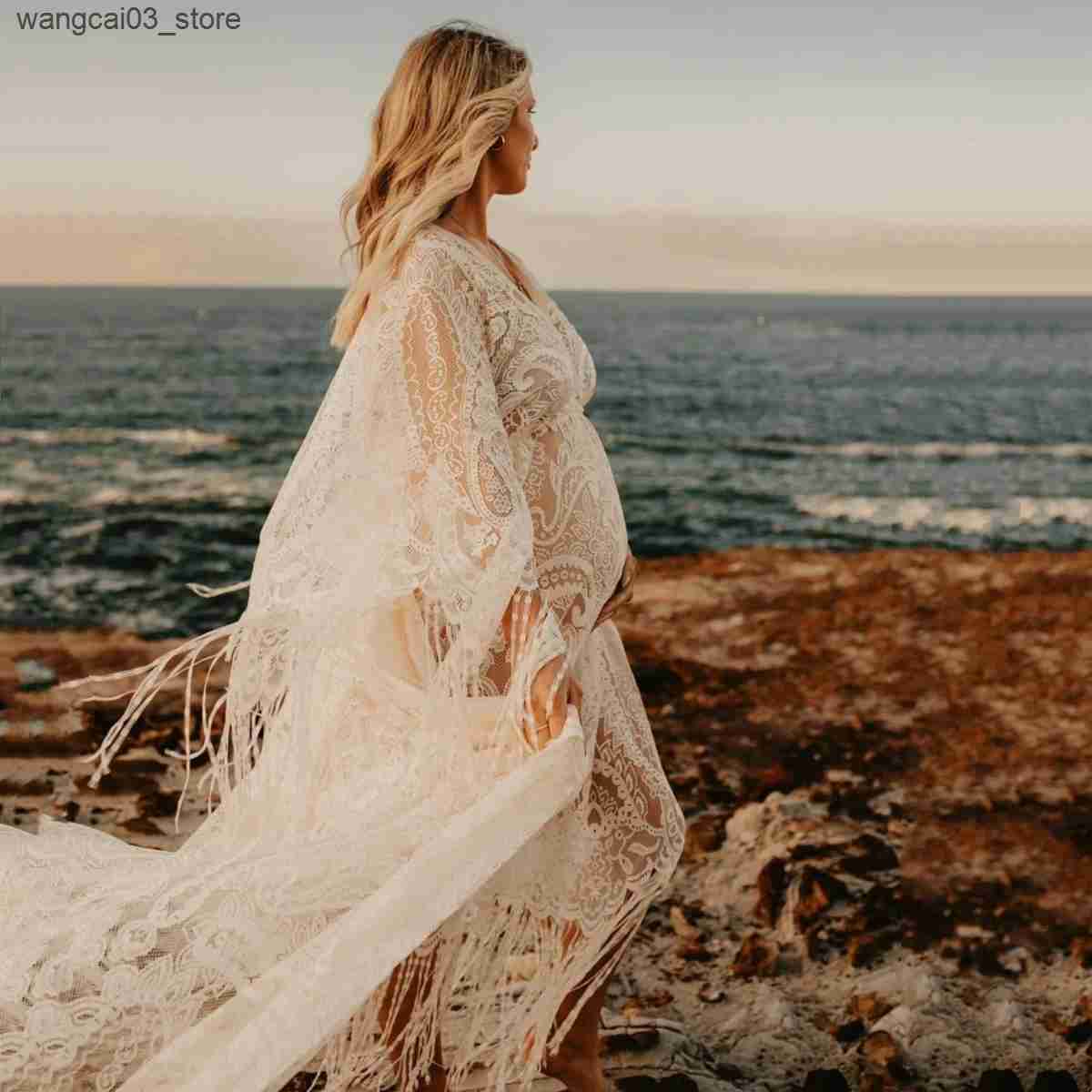 Maternity Dresses Vintage Lace Boho Maternity Photography Dresses V-neck Bohemian Pregnancy Outfit Photoshoot Session Dress L240910