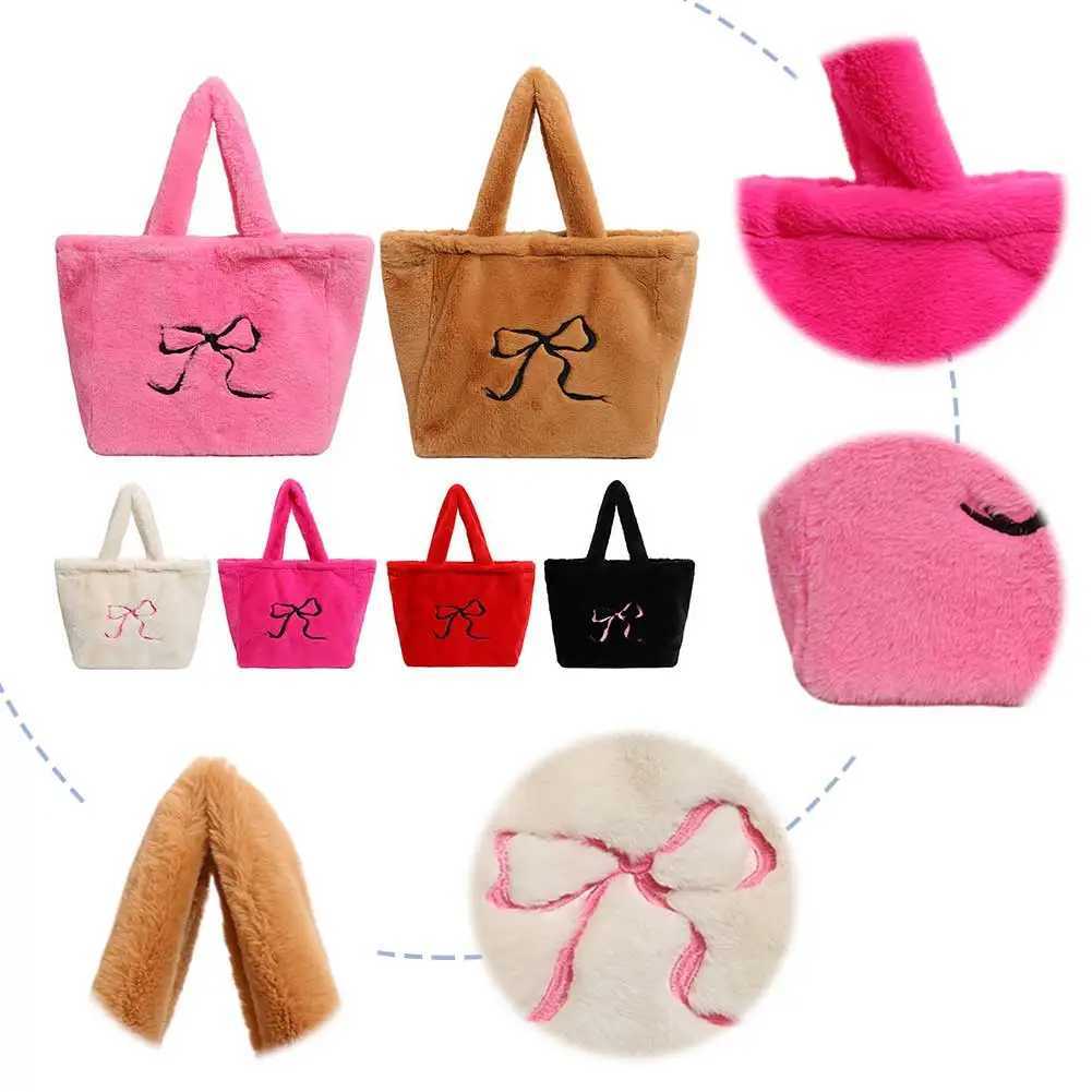 Ladies Plush Shoulder Bag Fuzzy Top Handle Large Capacity Slouchy Hobo Solid Color Fluffy Bow Handbag Daily Commuting 241011